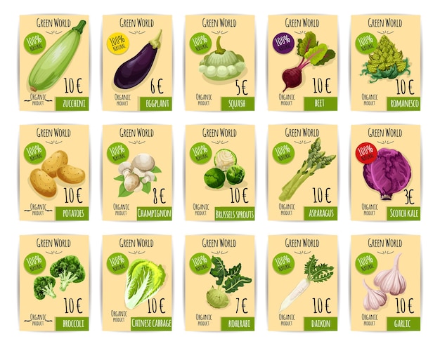 Etiqueta de precio de vegetales orgánicos o diseño de conjunto de etiquetas