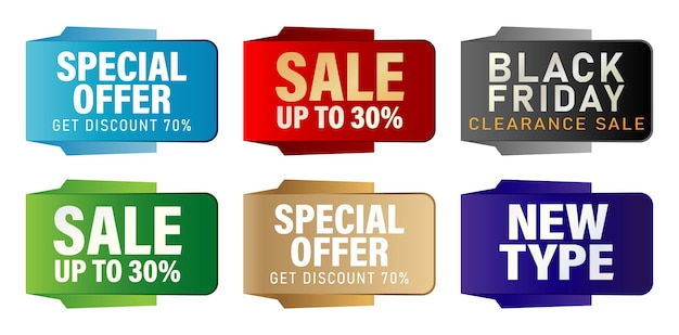 etiqueta de precio de venta con seis colores diferentes en fondos blancos aislados para oferta especial