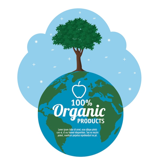 Vector etiqueta de productos 100% orgánicos con globo y árbol sobre fondo blanco ilustración vectorial