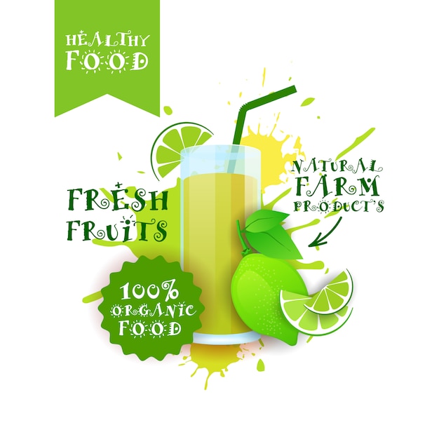 Etiqueta de productos de granja de alimentos naturales con logotipo de jugo de limón fresco sobre salpicaduras de pintura