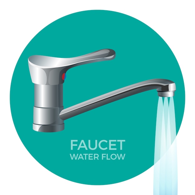 Vector etiqueta promocional de flujo de agua de grifo con grifo moderno en color metálico. fontanería de alta calidad para casa comercial emblema redondo aislado realista.