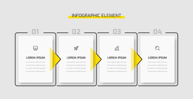Etiqueta de rectángulo de presentación de plantilla de infografía empresarial con 4 números e iconos de color amarillo