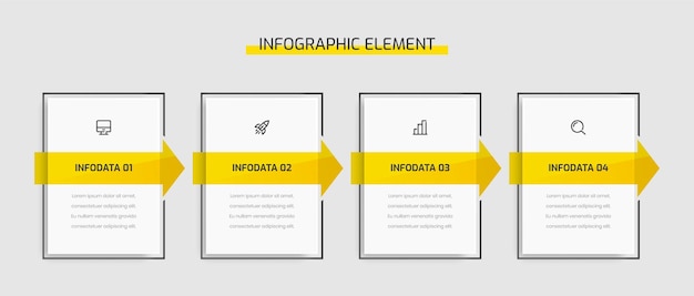 Etiqueta de rectángulo de presentación de plantilla de infografía empresarial con color amarillo 4 opciones e iconos