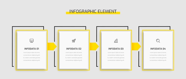 Etiqueta de rectángulo de presentación de plantilla de infografía empresarial con color amarillo 4 opciones e iconos