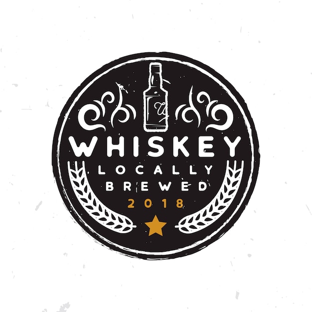 Etiqueta redonda de whisky con una botella de whisky, adornos, trigo y estrella
