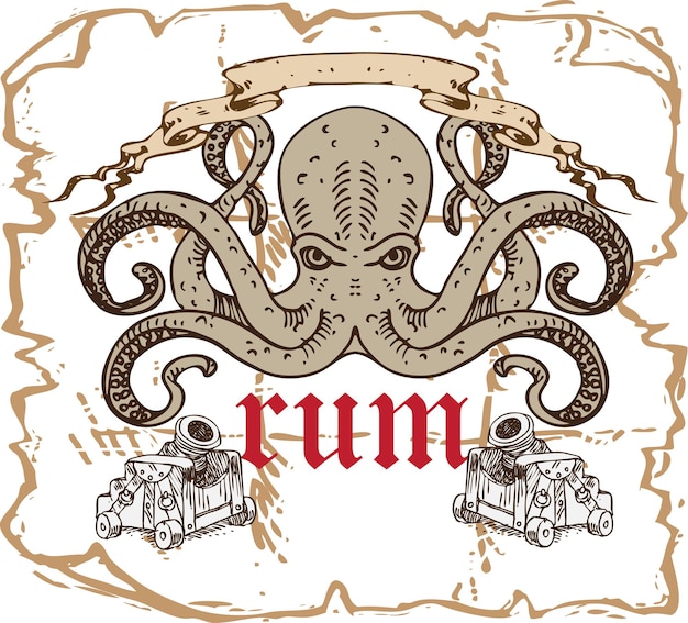 Vector etiqueta de ron con un patrón de pulpo kraken al estilo de un grabado antiguo