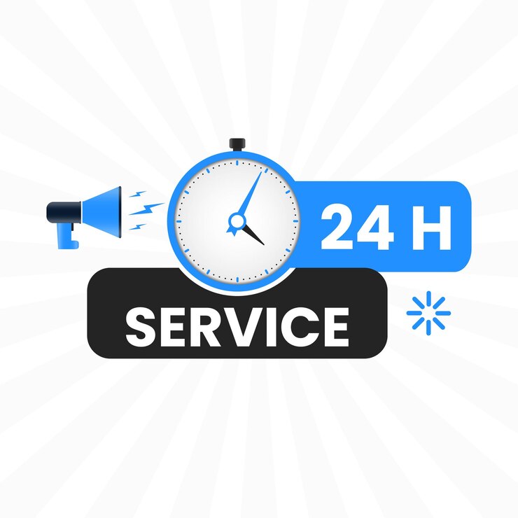 Etiqueta de servicio 24 horas con reloj y megáfono