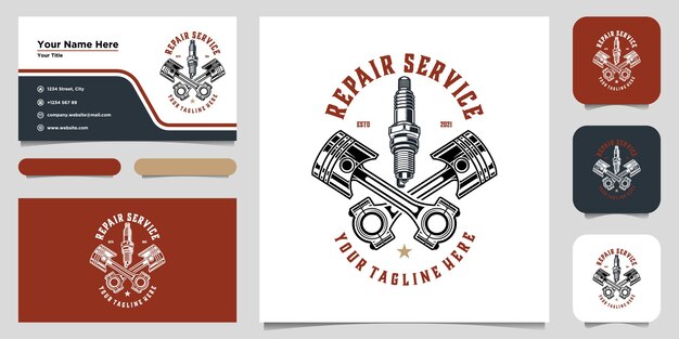 Etiqueta de servicio de reparación de motocicletas vintage con inscripciones y pistones cruzados aislados ilustración vectorial. diseño de logotipo y tarjeta de presentación