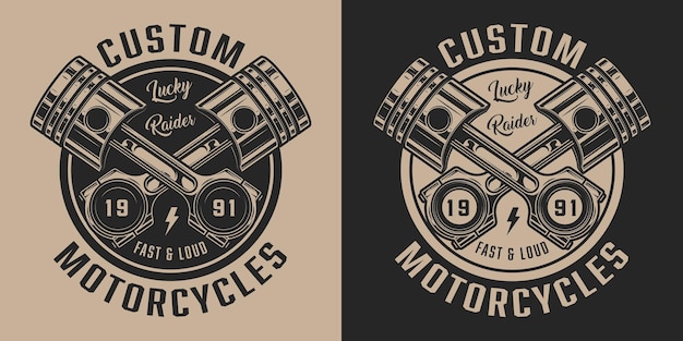 Vector etiqueta de servicio de reparación de motocicletas vintage con inscripciones y pistones cruzados