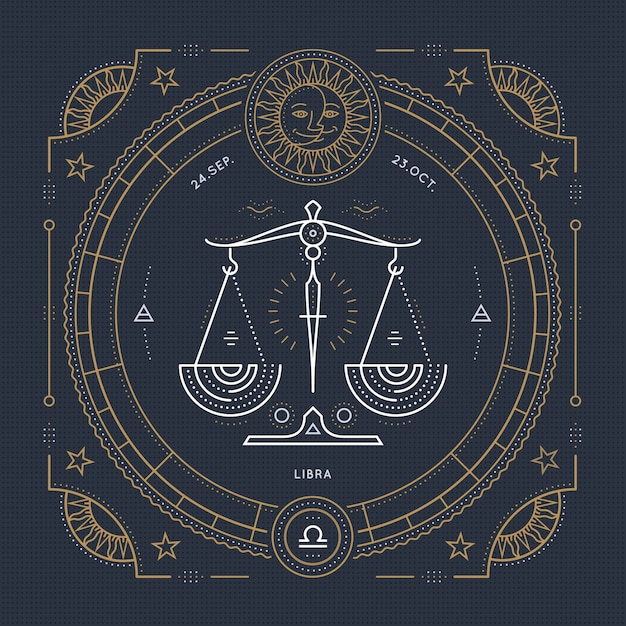 Etiqueta de signo de zodiaco Libra delgada línea vintage. Símbolo astrológico retro, místico, elemento de geometría sagrada, emblema, logotipo. Ilustración de contorno de trazo