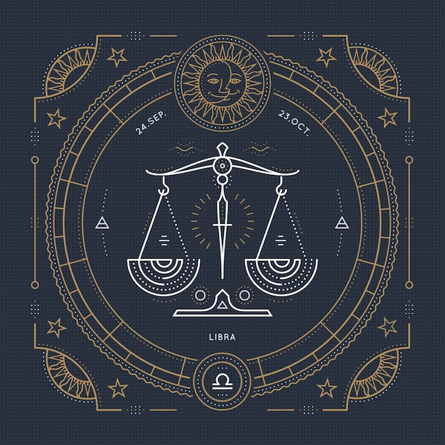 Vector etiqueta de signo de zodiaco libra delgada línea vintage. símbolo astrológico retro, místico, elemento de geometría sagrada, emblema, logotipo. ilustración de contorno de trazo