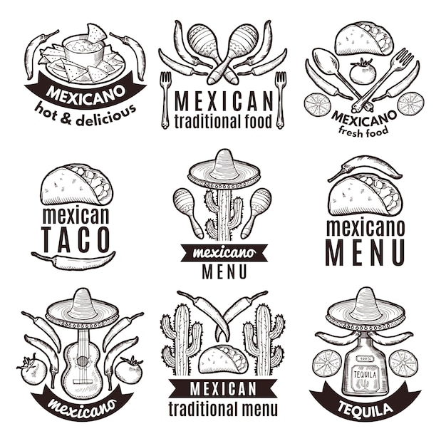 Vector etiqueta con símbolos tradicionales mexicanos. emblemas de comida para el menú del restaurante.