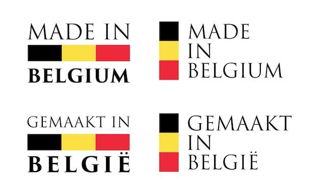 Etiqueta simple Made in Belgium / Gemaakt in Belgie (traducción al holandés). Texto con colores de bandera dispuestos horizontal y verticalmente.