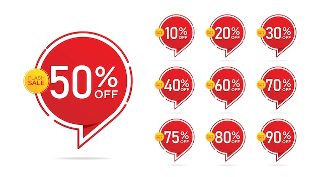 Etiqueta de venta en forma de burbuja de diálogo con diferente descuento establecido ilustración de vector de precio porcentual
