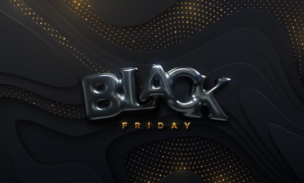 Etiqueta de venta de viernes negro. Ilustración de anuncio de vector. Evento de marketing promocional. Letras 3d realistas sobre fondo de corte de papel negro brillante. Elemento de diseño en venta o descuento en pancartas, carteles, tarjetas.