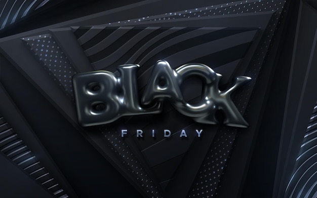 Etiqueta de venta de viernes negro de letras de globo negro sobre fondo geométrico negro