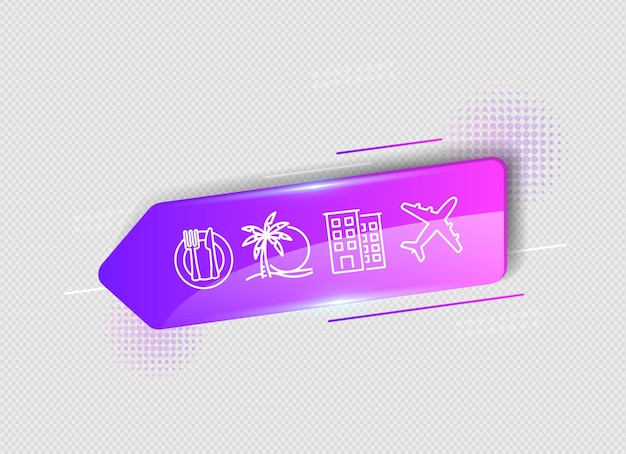 Vector una etiqueta de viaje morada con una palmera y una playa.