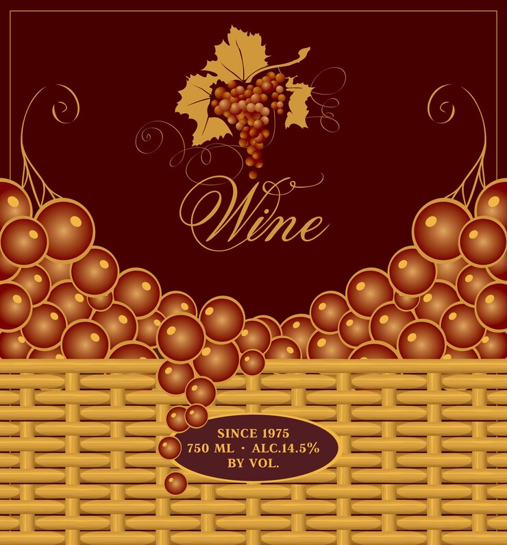 Vector etiqueta de vino con cesta de uva