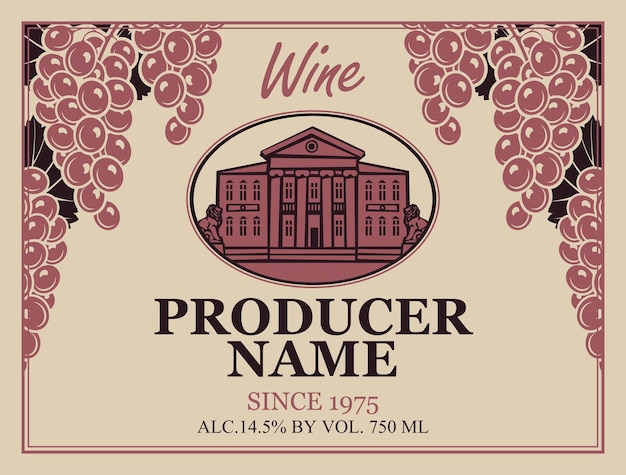 Etiqueta de vino con palacio y uvas.