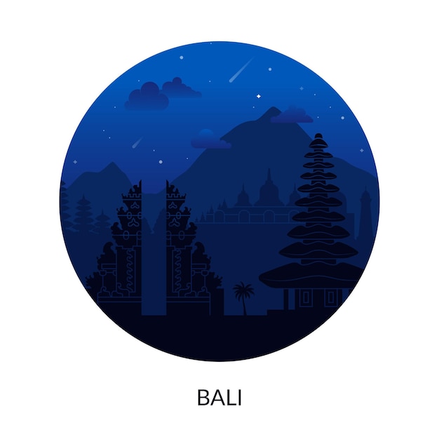 Etiqueta de vista nocturna de lugar famoso de bali indonesia