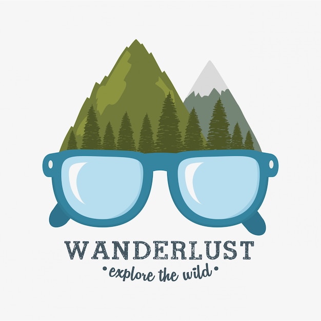 Etiqueta de wanderlust con escena de bosque y anteojos