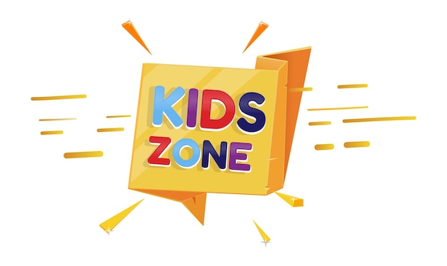 Etiqueta de zona infantil. Logotipo de la sala de juegos de dibujos animados. Bocadillo de diálogo amarillo