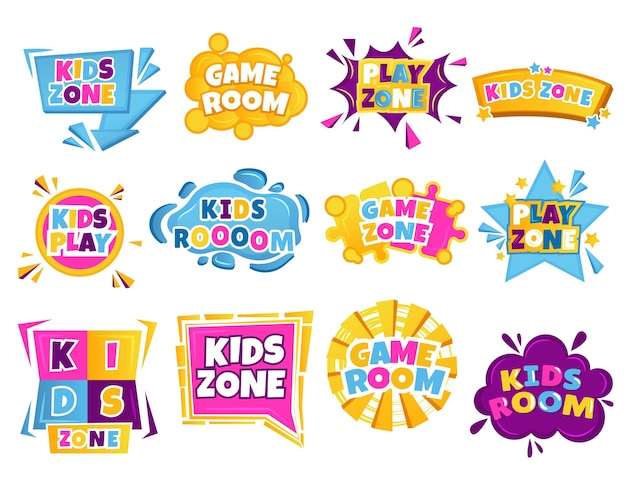 Etiqueta de zona para niños dibujos animados colorido cuarto de juegos infantil con juguetes concepto de actividad de jardín de infantes para bebés vector banner aislado centro educativo de entretenimiento infantil para tiempo libre