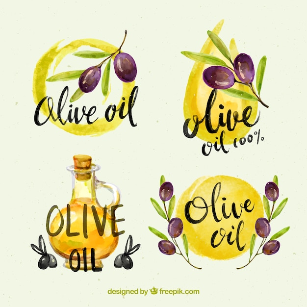 Etiquetas de aceite de oliva en acuarela