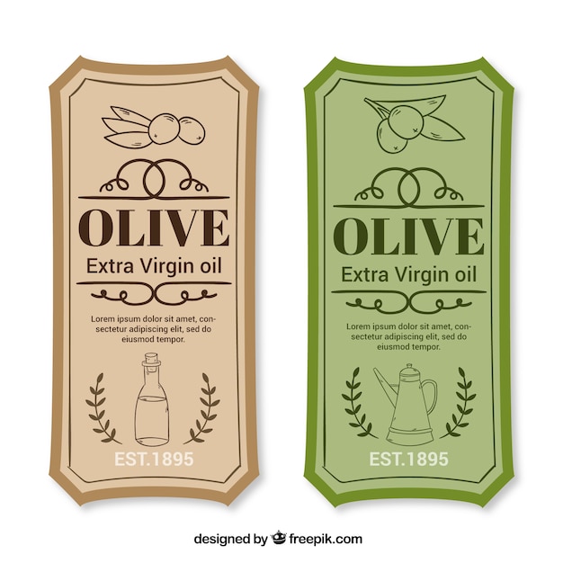 Vector etiquetas de aceite de oliva verde y marrón en estilo vintage