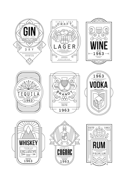 Vector etiquetas de alcohol set gin lager vino tequila brandy vodka whisky coñac ron retro alcohol industria monocromo emblema vector ilustración aislada sobre fondo blanco