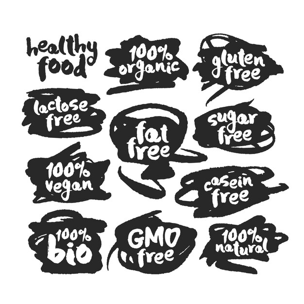 Etiquetas de alimentos eco-veganos en garabates