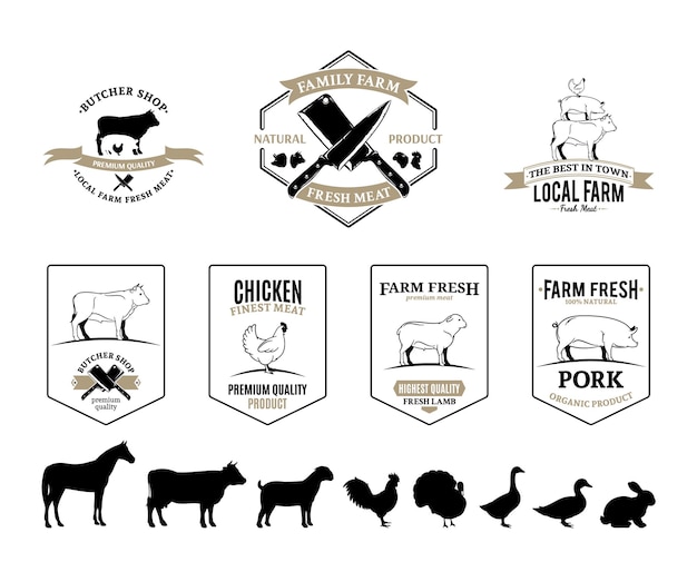 Etiquetas de los animales de granja y elementos de diseño del logotipo de la carnicería