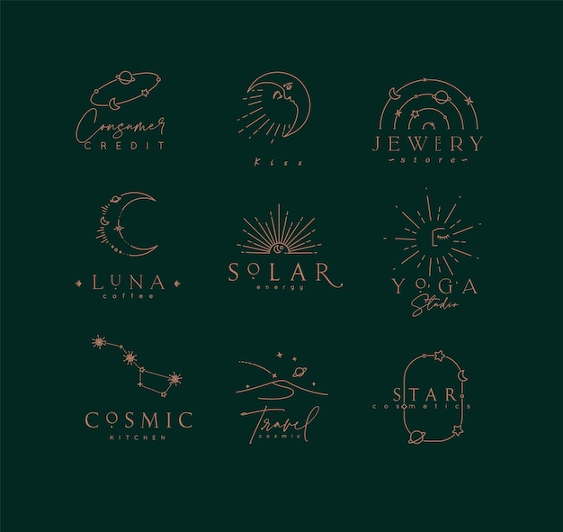 Etiquetas astrológicas de elegancia plana con letras verdes
