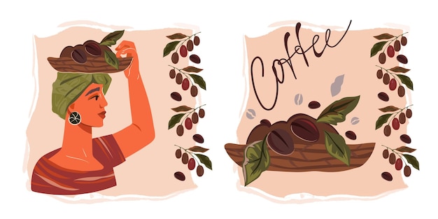 Etiquetas de café o fondo de pancartas con ramas de mujer de árbol de café y elementos florales ilustración de vector plano aislado sobre fondo blanco Menú de café o colección de diseños de empaque