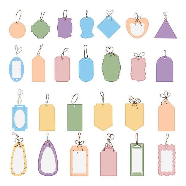 Etiquetas de caja de regalo en blanco o etiquetas de compras de venta con cuerda Pegatinas de estilo orgánico vacías Diseño plano iso