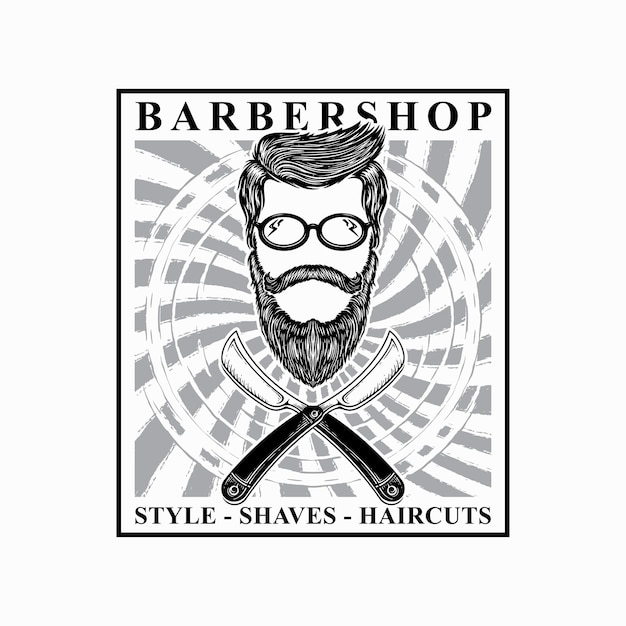 Etiquetas de cara de barbero vintage Ilustración para barbería Diseño del logotipo de la insignia Color blanco y negro