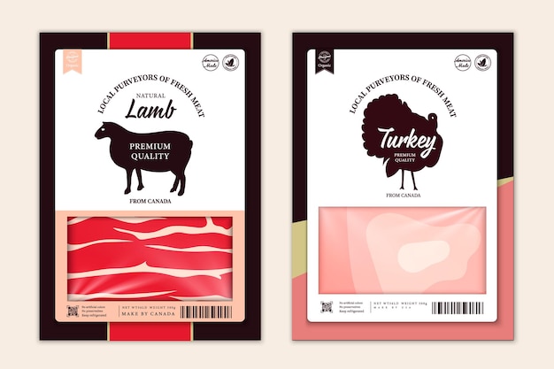 Vector etiquetas de carnicería de vector con siluetas de animales de granja. iconos de vaca, pollo, cerdo, cordero, pavo y pato y texturas de carne para comestibles, carnicerías, empaques y publicidad.