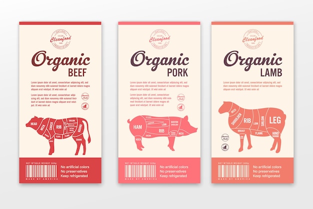 Etiquetas de carnicería de vector con siluetas de animales de granja. iconos de vaca, pollo, cerdo, cordero, pavo y pato y texturas de carne para comestibles, carnicerías, empaques y publicidad.