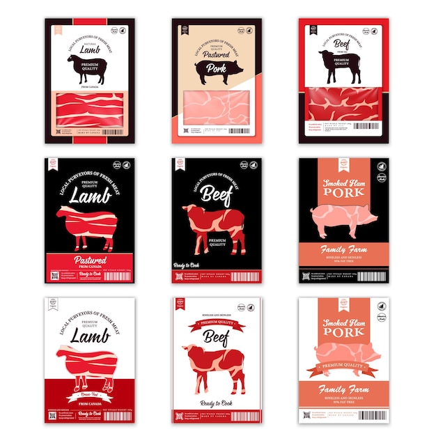 Etiquetas de carnicería de vector con siluetas de animales de granja Vaca pollo cerdo cordero pavo y pato