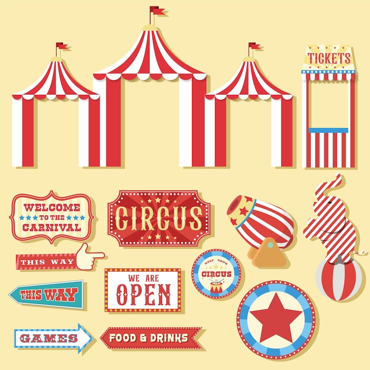 Etiquetas de circo vintage y letreros de carnaval colección de vectores