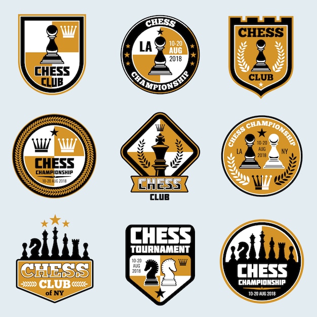 Etiquetas de clubes de ajedrez. Estrategia de negocios vector logotipos y emblemas.