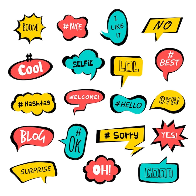 Etiquetas de comunicación Diálogo de servicio social divertido hablar palabras en burbujas decorativas hashtags gráficos colección de plantillas de vectores recientes