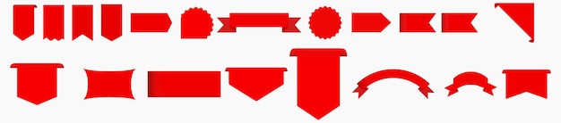Etiquetas conjunto rojo Venta y nuevo conjunto de etiquetas Red scrolls banners colección aislada Descuento cintas rojas