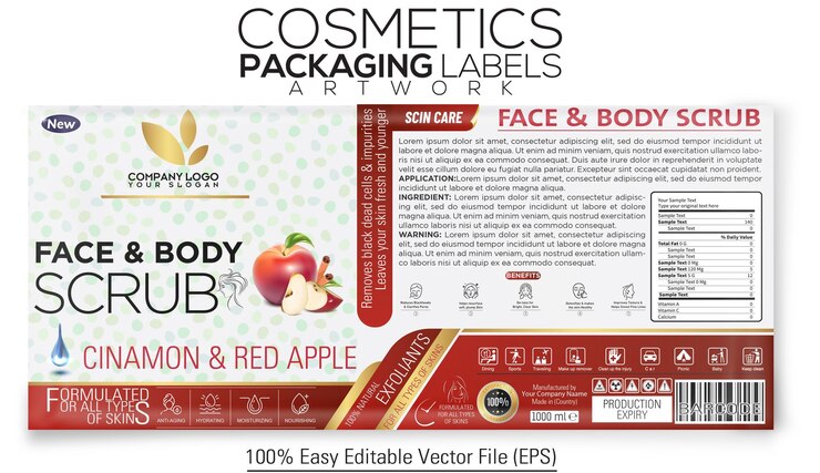 Vector etiquetas de cosméticos diseño de envases fae y exfoliante corporal 1000ml con canela y manzana roja