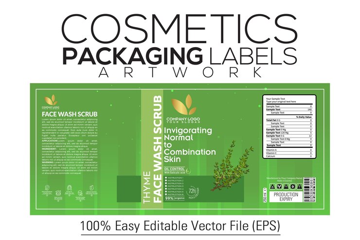Vector etiquetas de los cosméticos lavado facial esfregón tomillo