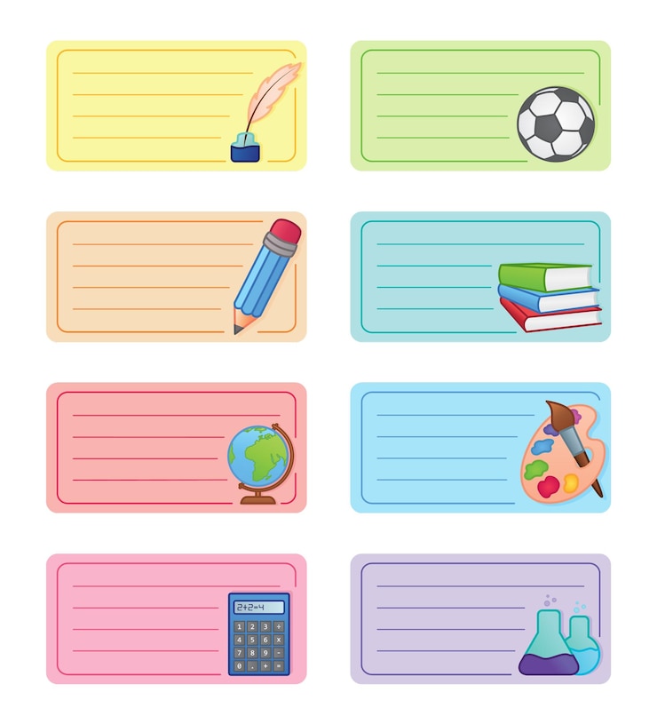 Vector etiquetas para cuadernos. iconos de materias escolares. diseño vectorial colorido.