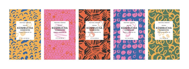 Etiquetas de diseño de ilustración de conjunto de vectores para kombucha con patrones sin fisuras de pinceladas contemporáneas