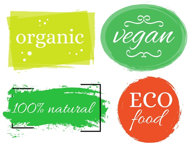Etiquetas con diseños de dieta vegetariana y de alimentos crudos Etiquetas de alimentos orgánicos y elementos para comidas