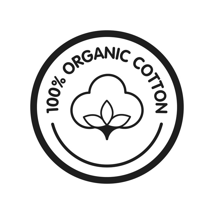 Vector etiquetas e insignias de forro de algodón 100% orgánico vector icono redondo pegatina logotipo sello etiqueta flor de algodón aislado sobre fondo blanco