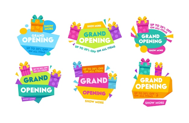 Etiquetas e insignias de gran inauguración con tipografía colorida, cajas de regalo de dibujos animados y formas geométricas. Diseño de colección de plantillas para carteles promocionales, carteles publicitarios, folletos publicitarios, ilustración vectorial